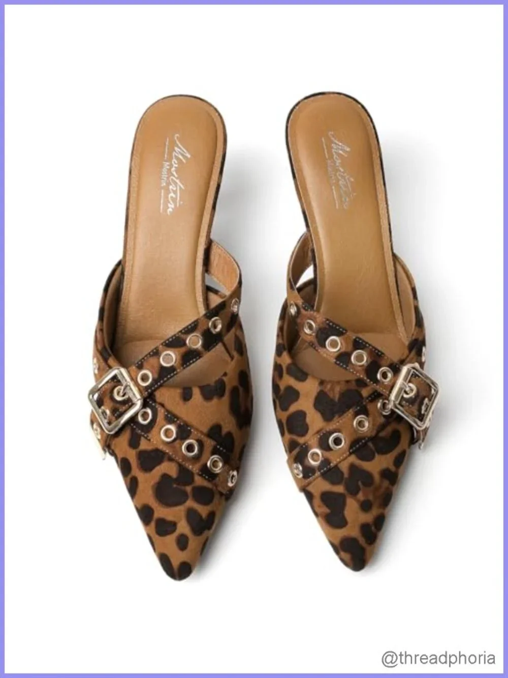 Women's Leopard Print Kitten Heels Pointed Toe Faux Leather Mules Slip On Pumps